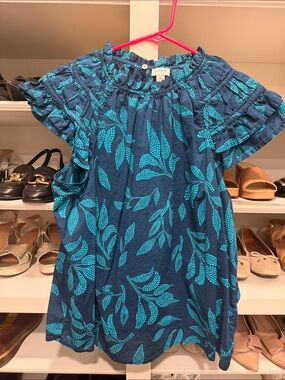 J. Crew Factory Navy Blue Leaf Print Flutter Sleeve Blouse